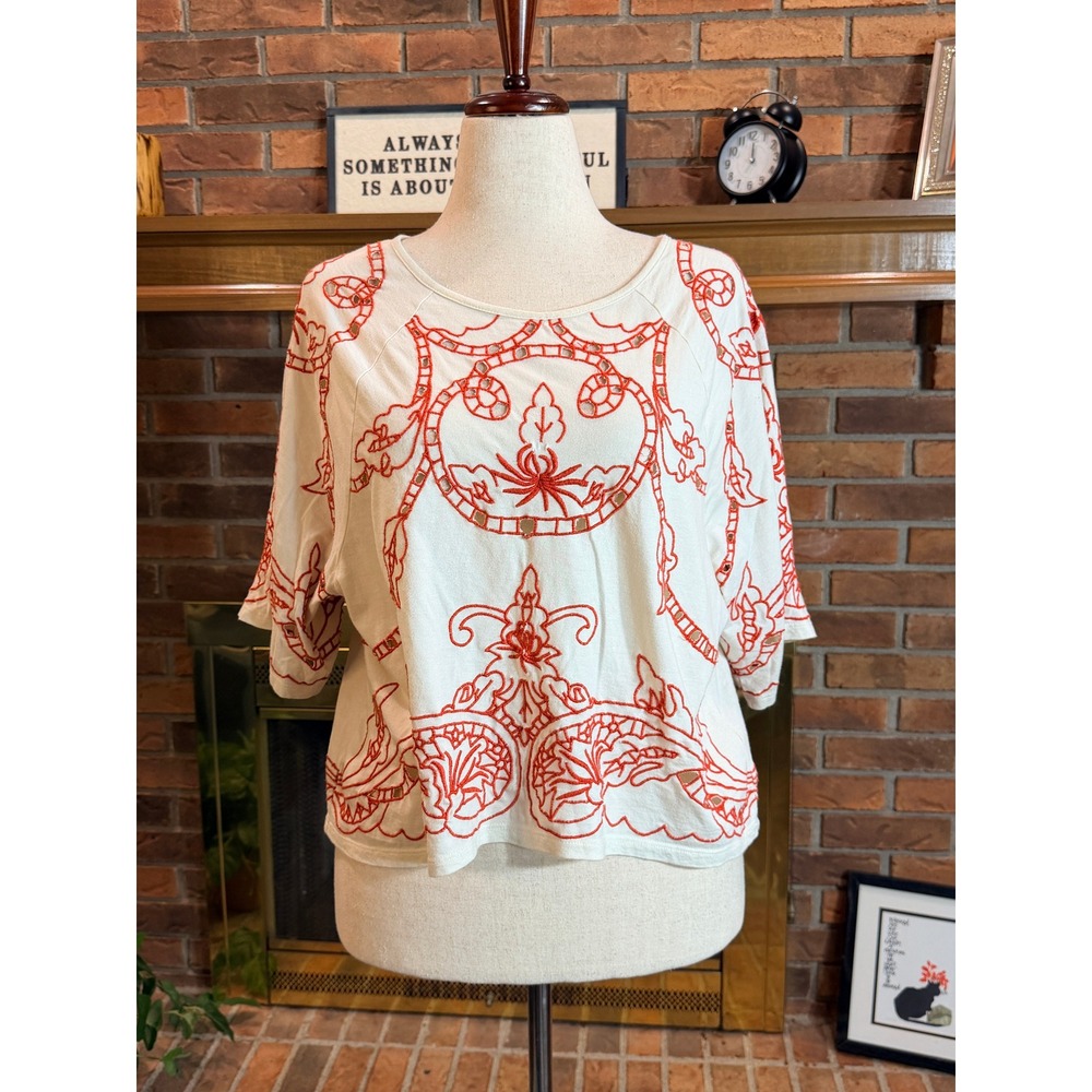 Topshop Embroidered Eyelet Top Women Cream Red Boxy Short Sleeve Size 8